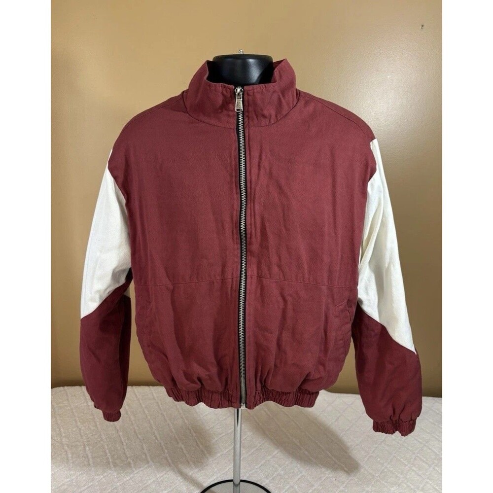 NWT Mnml Full Zip Twill Racing Jacket Maroon White Striped Side Pockets Size M